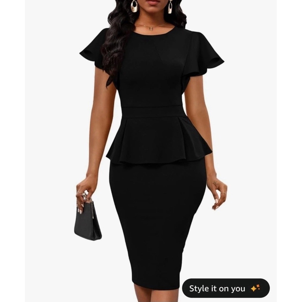 Memoriesea Women's Ruffle Short Sleeve Peplum Bodycon Work Midi Pencil Dress XL